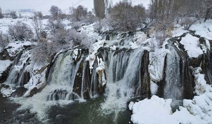 Muradiye Şelalesi'nin çevresi beyaza büründü