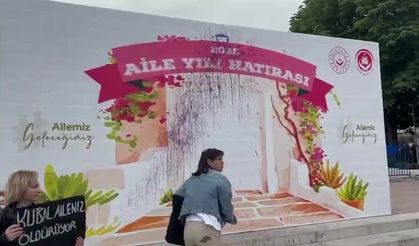 Halkevci Kadınlar, Güvenpark'a yerleştirilen "Aile Yılı Hatırası" panosuna mor boya fırlattı