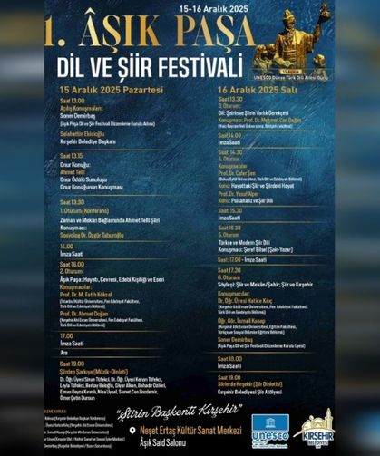 Kırşehir’de 1. Âşık Paşa Dil ve Şiir Festivali 15-16 Aralık’ta Başlıyor