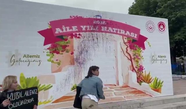 Halkevci Kadınlar, Güvenpark'a yerleştirilen "Aile Yılı Hatırası" panosuna mor boya fırlattı