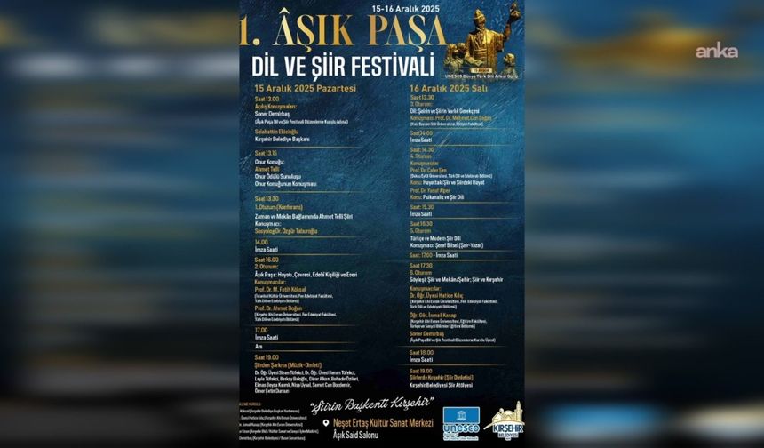 Kırşehir’de 1. Âşık Paşa Dil ve Şiir Festivali 15-16 Aralık’ta Başlıyor