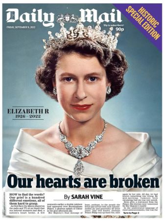 <p>The Daily Mail gazetesi, manşetinde Kraliçe'nin tahta çıkmış olduğu 1952 yılından bir portresini kullanarak "Kalplerimiz kırık" başlığını attı.</p>
</p>